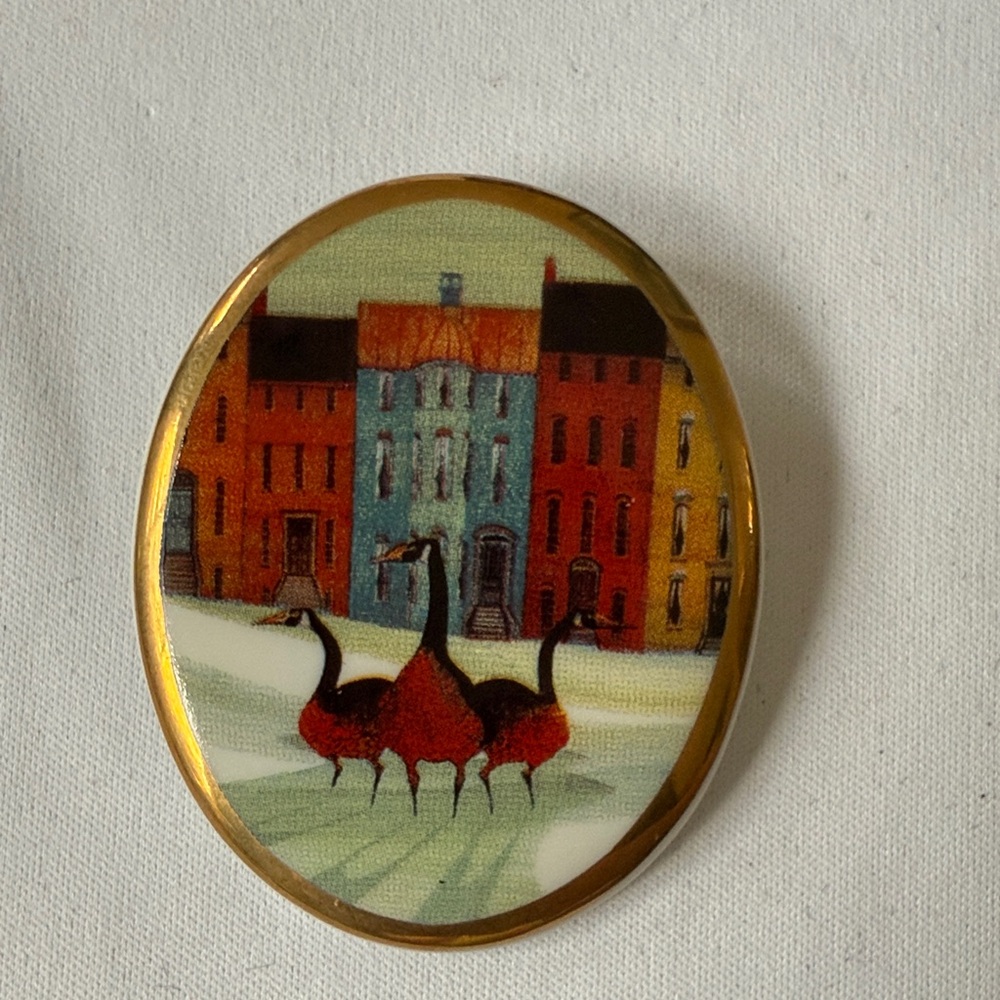 “Just Visiting” Winter Town Geese Walking Design Brooch
